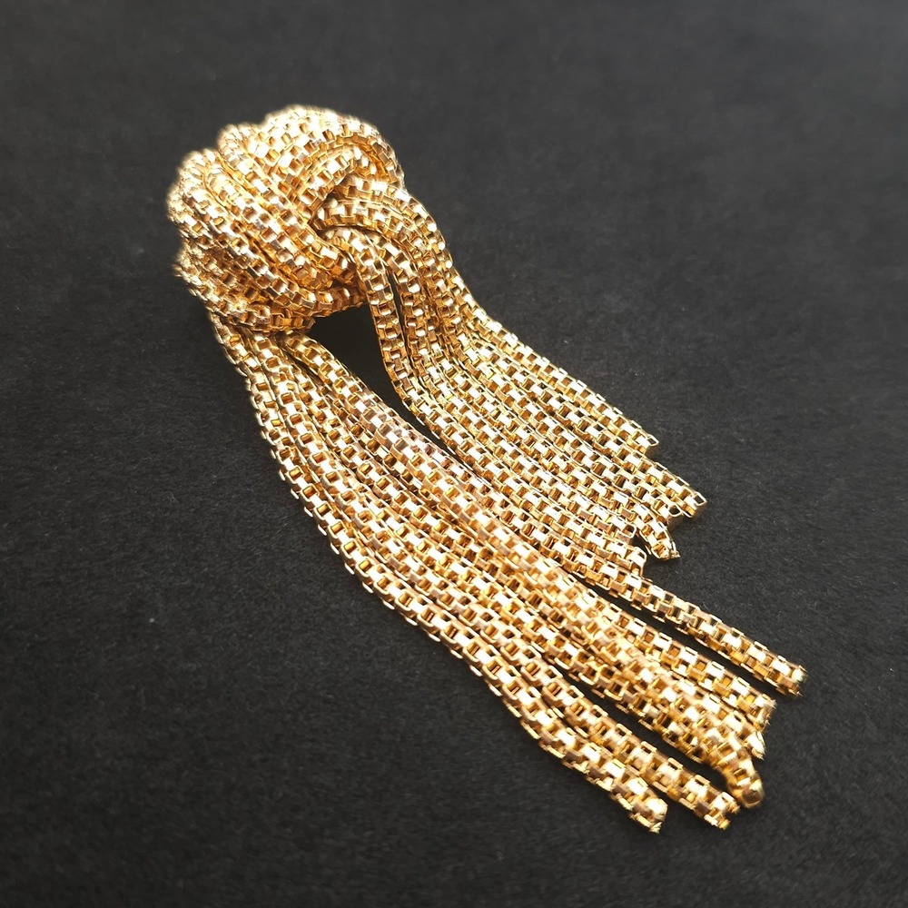 Vintage Gold Tone Knotted Tassel Brooch Statement Fringe Pin Uneven Cascade